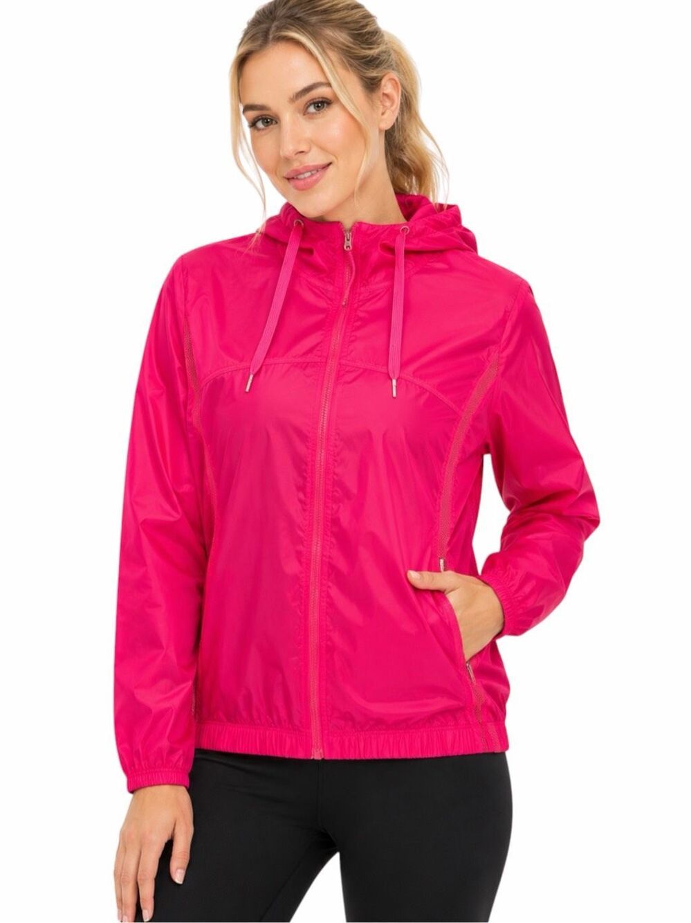 BETSEY JOHNSON Performance Hot Pink Hooded Windbreaker Jacket Zip Front Large
